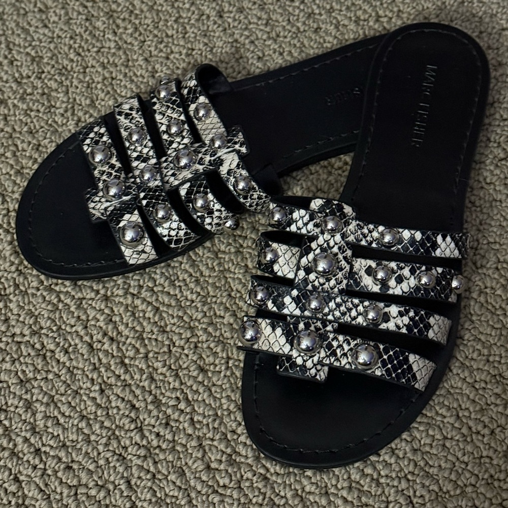 Marc Fisher MFPerth Black White Snake Print Embossed Sandal Slides with Studs